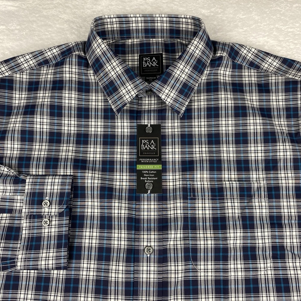 Jos. A. Bank Traveler Dress Shirt Mens XXL Blue Plaid Tailored Fit No Iron NWT!